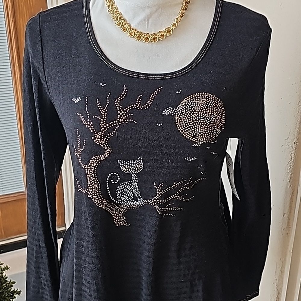 Black lightweight long sleeve studded Halloween top with flared bottom size smal